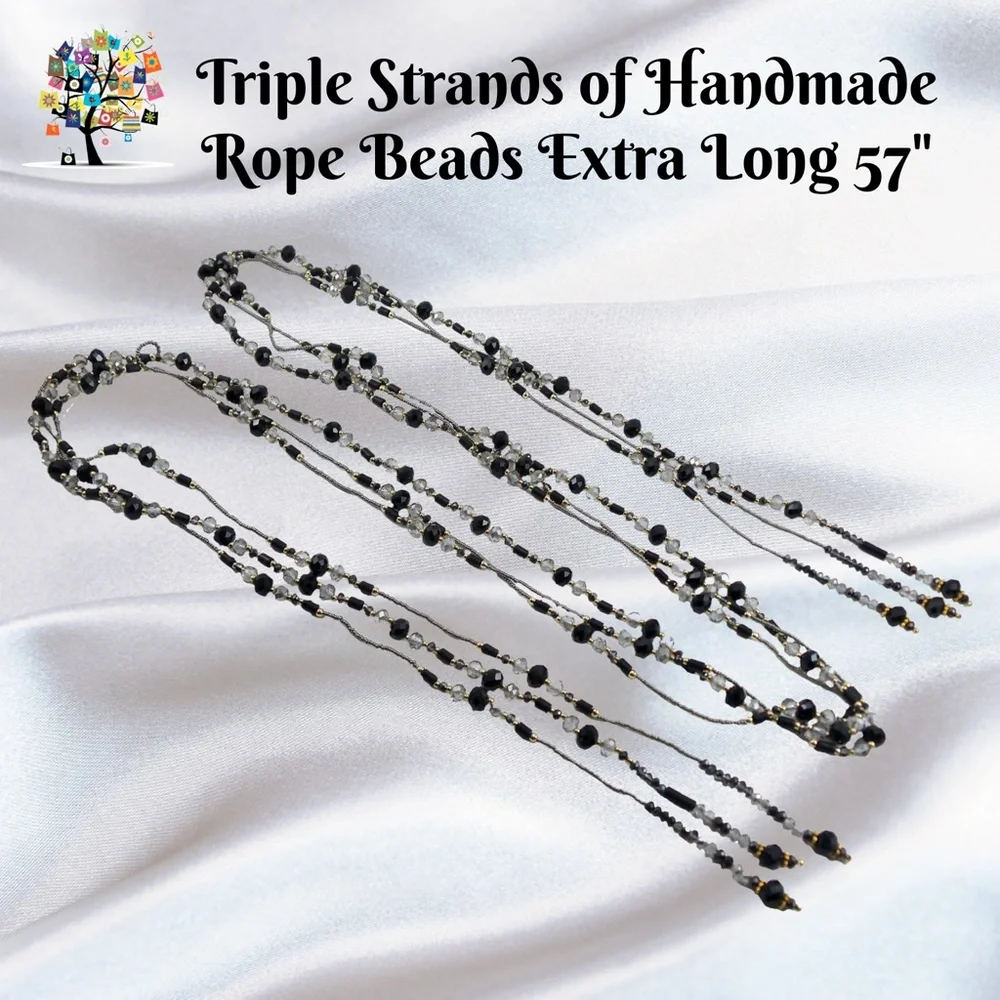 Handmade Triple Strand Extra Long 57" Black and Clear Beads - Picture 1 of 3